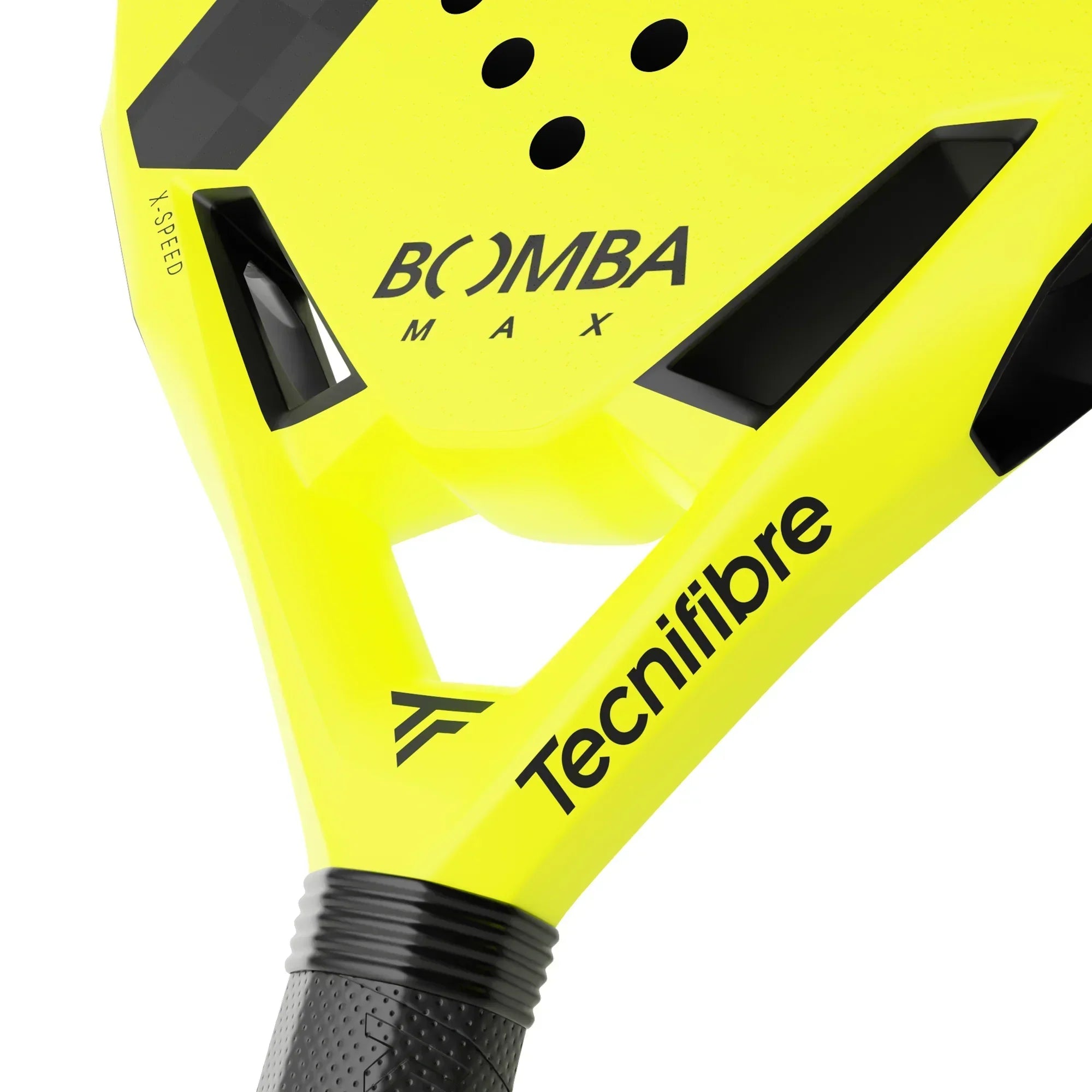 Close-up of Tecnifibre Bomba Max yellow padel racket with black details and grip