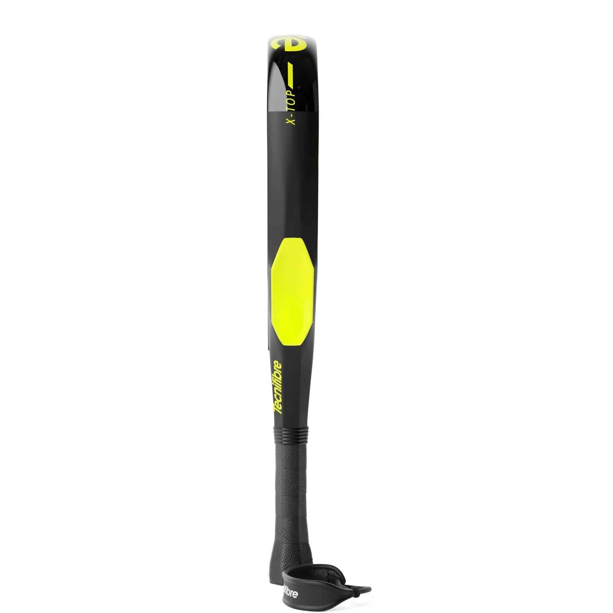 Black and yellow padel racket with grip and wrist strap, side view on white background