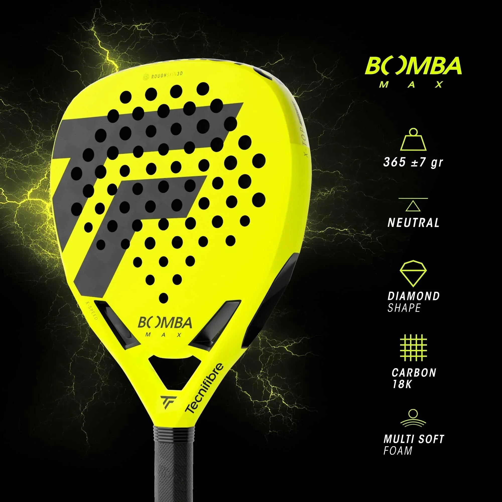 Yellow diamond-shape padel racket with black grip, carbon 18K, Tecnifibre Bomba Max.