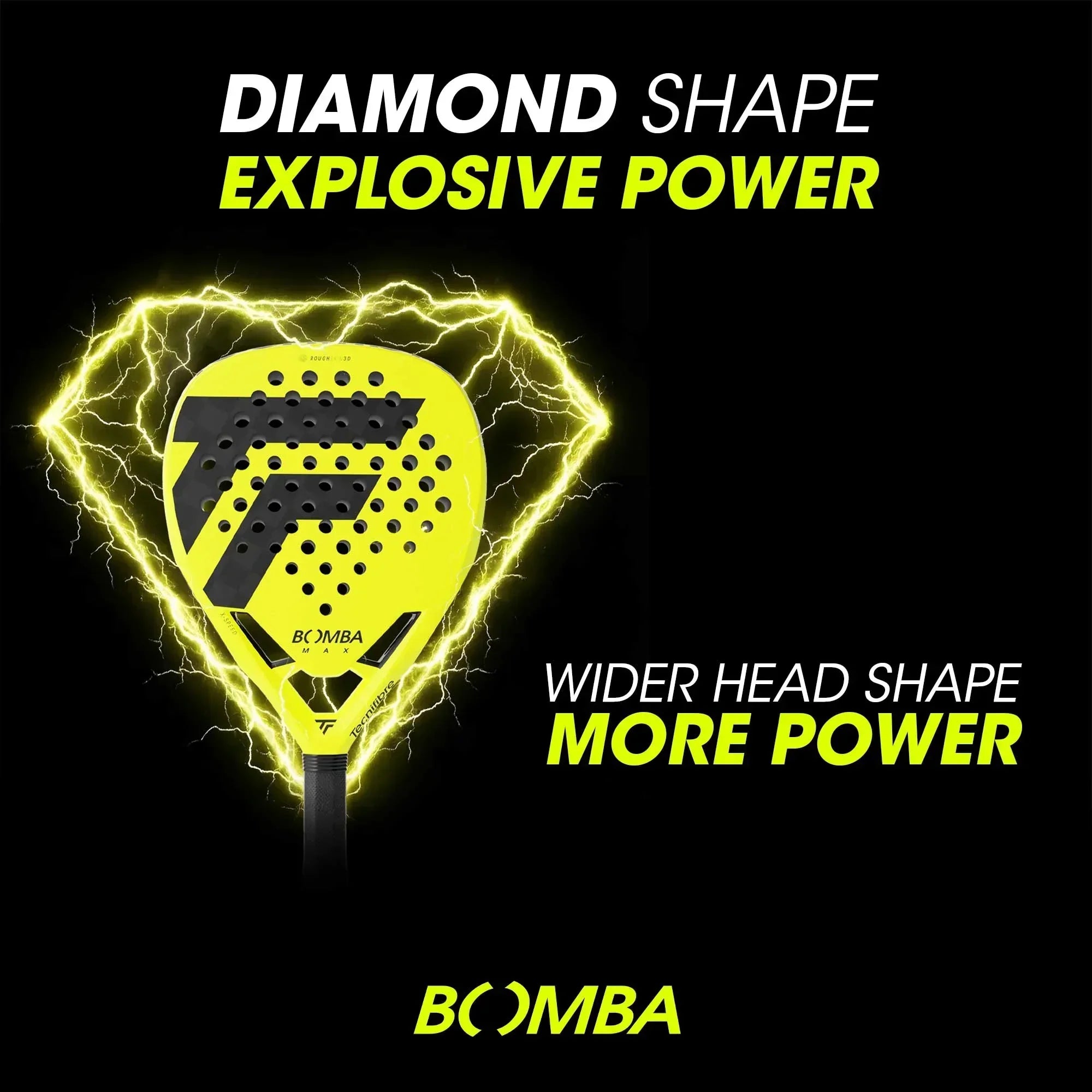 Yellow diamond-shaped padel racket with power graphics and lightning effect on black background