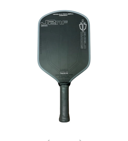 Sword & Shield Black pickleball paddle with branding on a white background