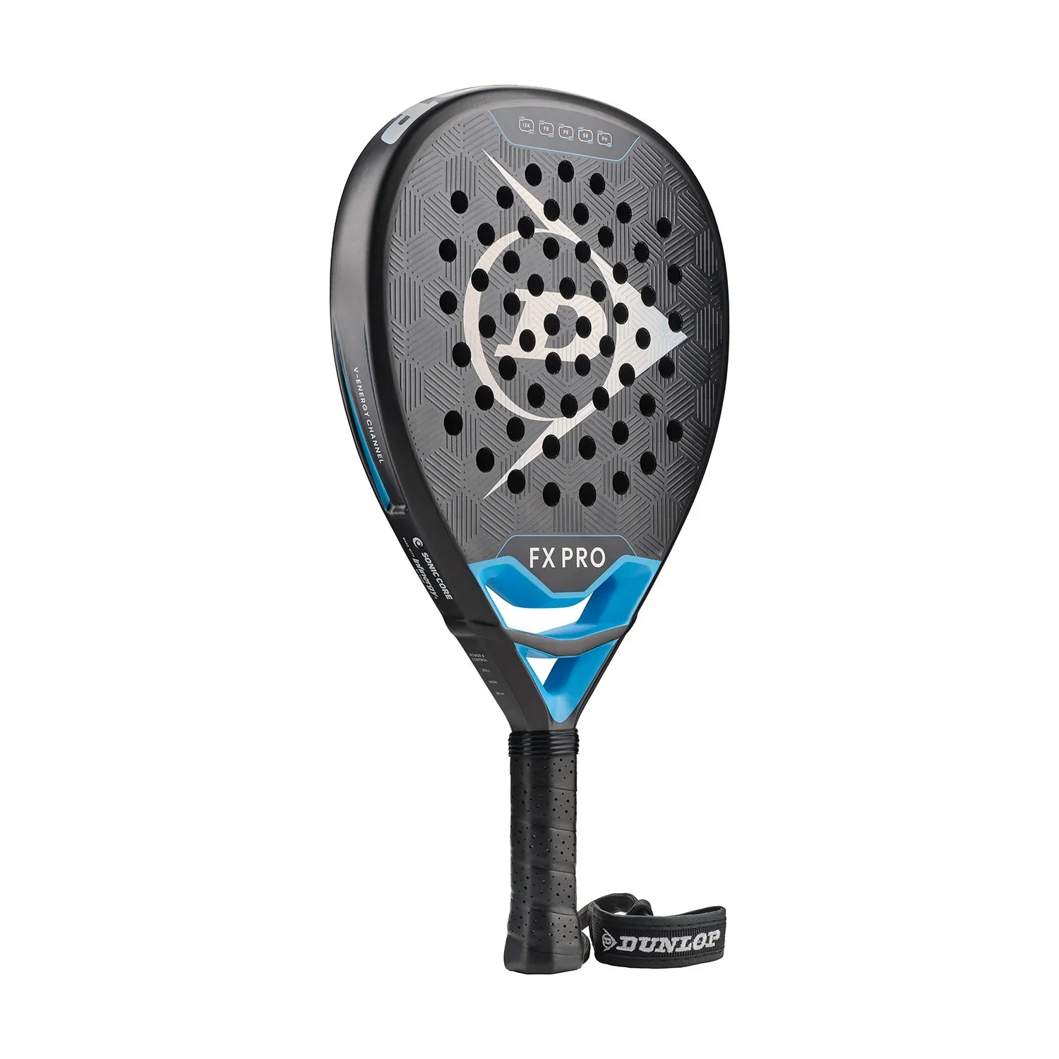 Black and blue padel racket with perforated face, FX PRO text, and Dunlop wrist strap.