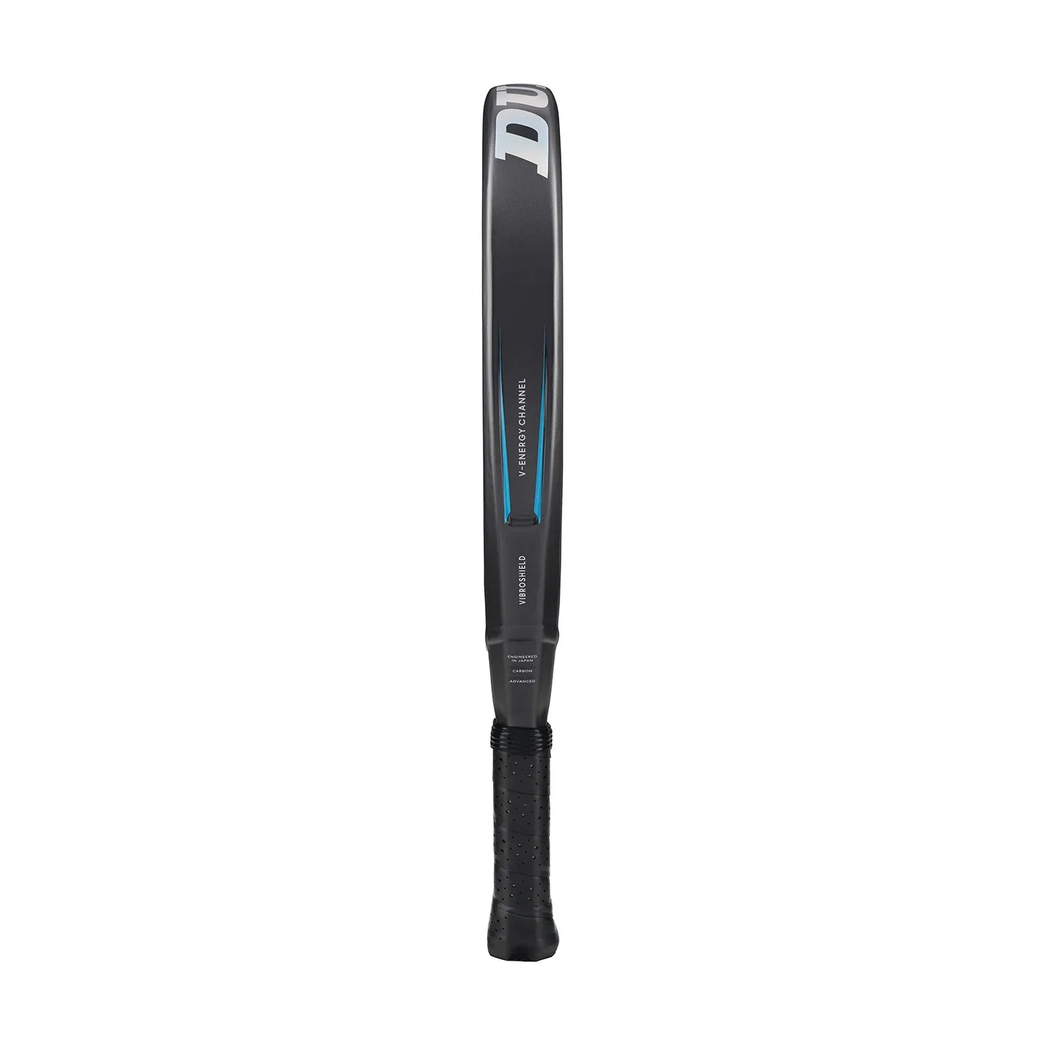 Close-up side view of black tennis racket with blue accents and ergonomic grip handle