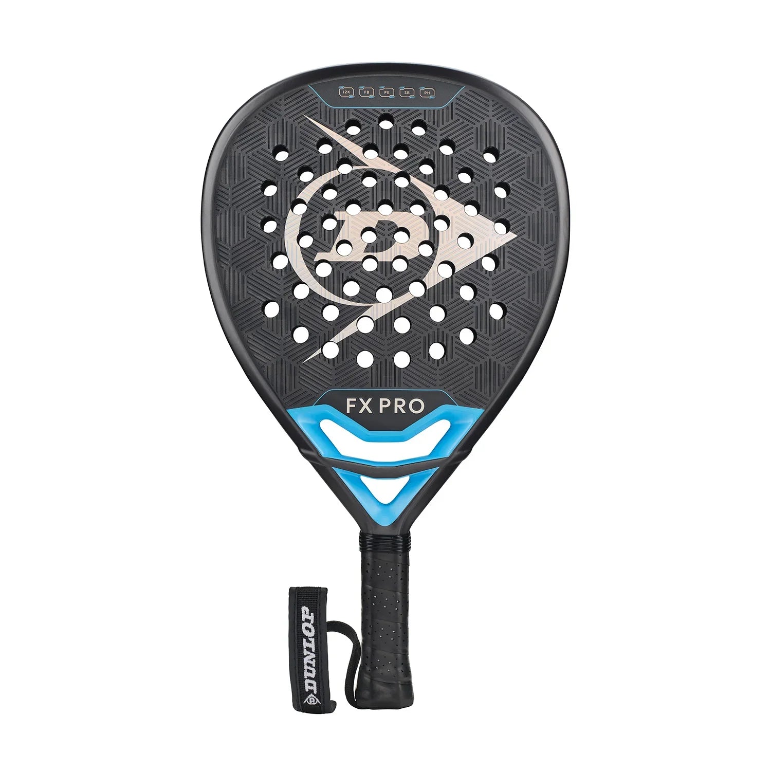 Black and blue Dunlop FX Pro padel racket with perforated face and wrist strap