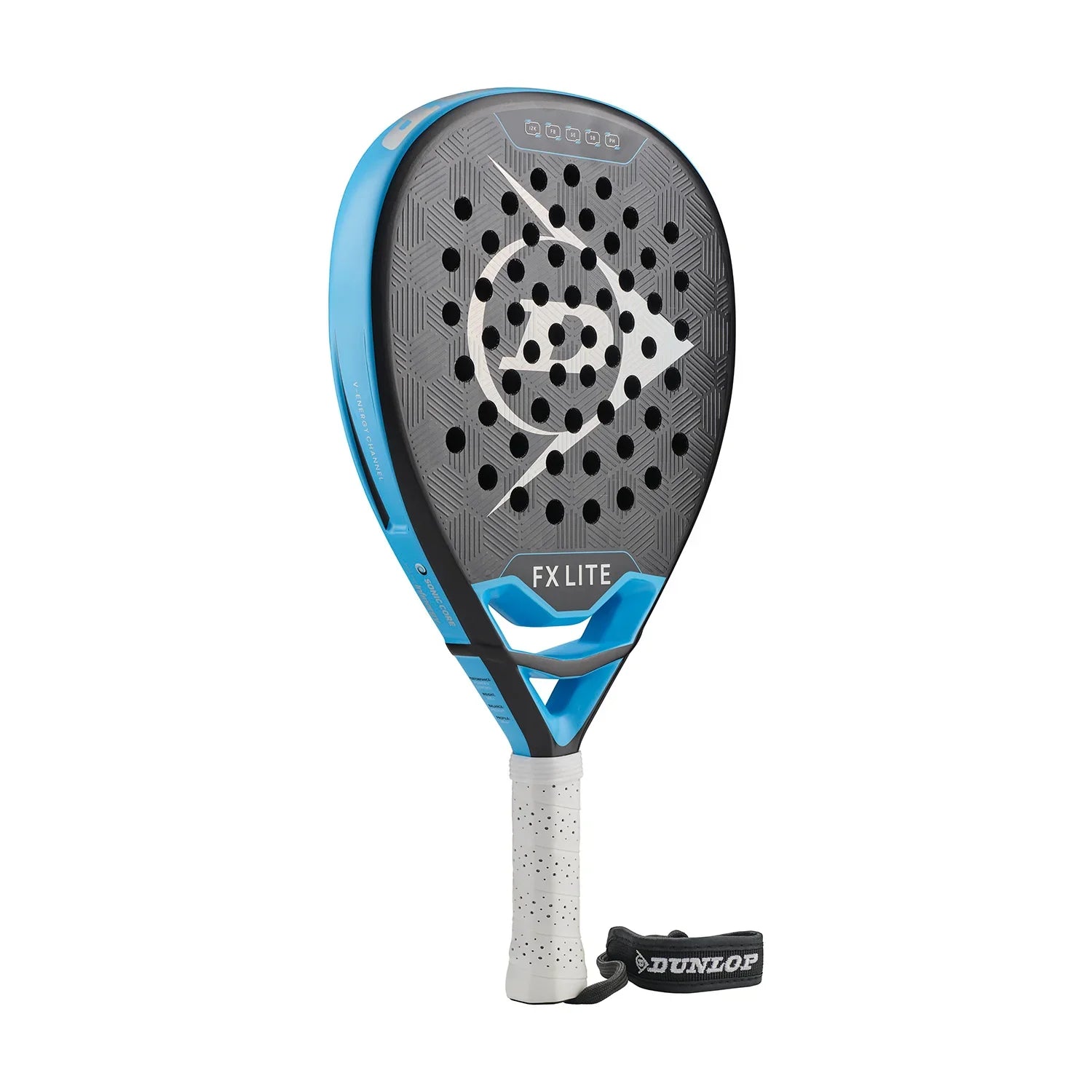 Lightweight Dunlop FX Lite padel racket with perforated face and blue accents on white background