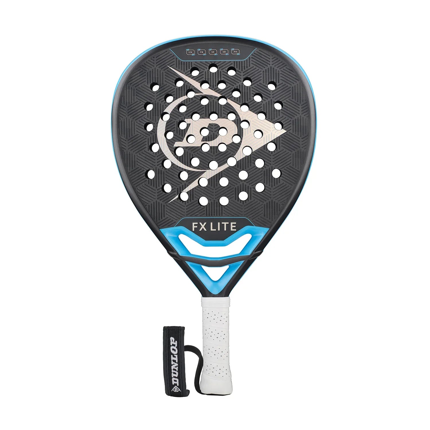 Black and blue padel racket with perforated face and FX Lite text on white background