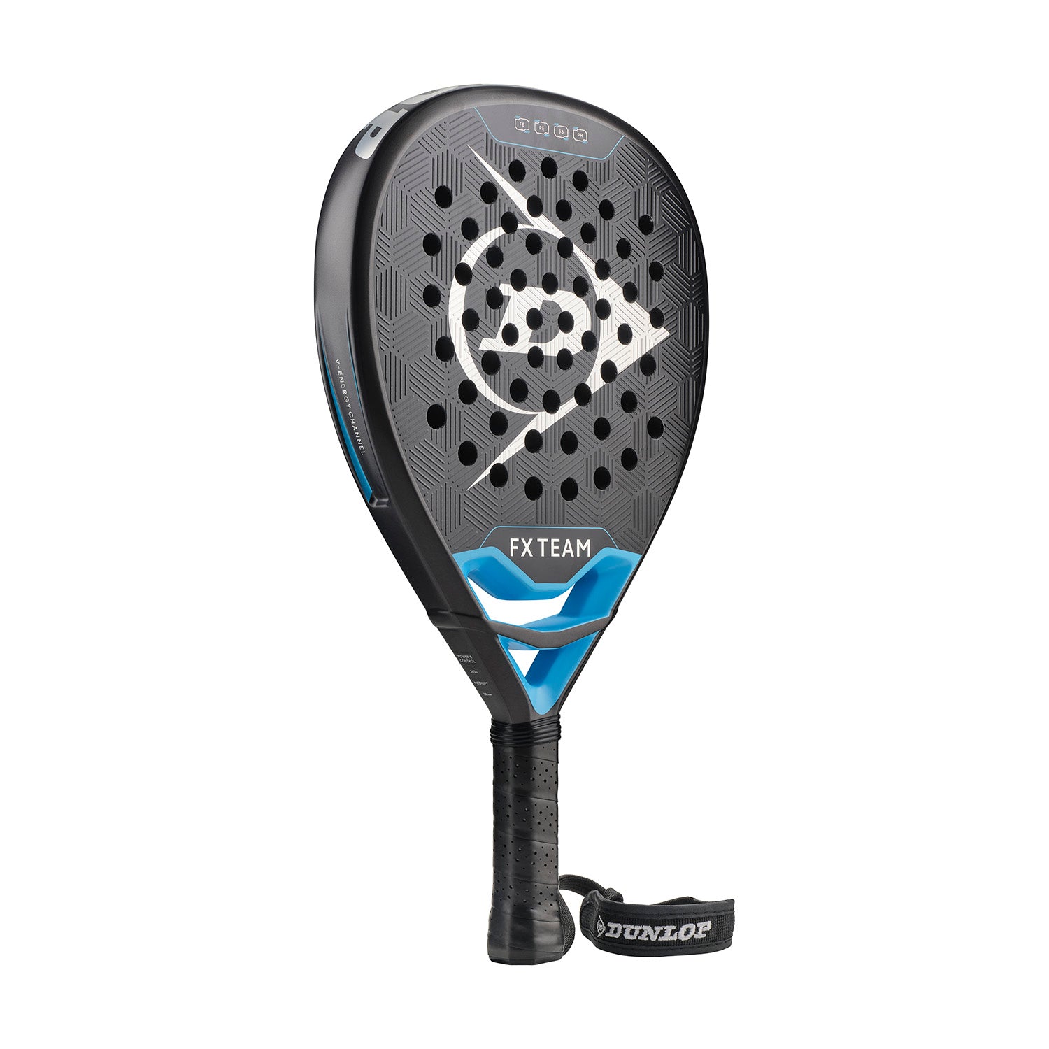 Black and blue Dunlop FX Team padel racket with hexagonal holes and wrist strap on white background