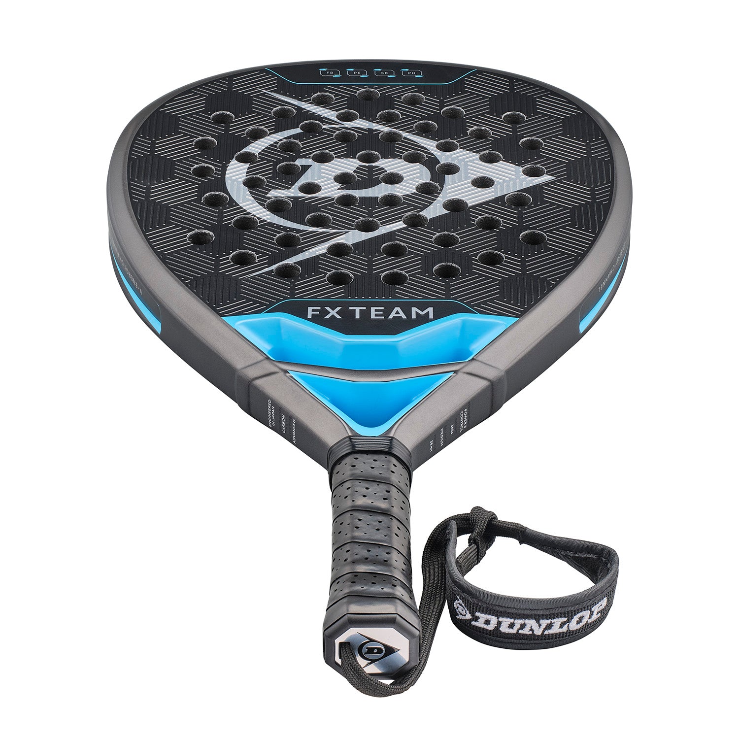 Black and blue Dunlop FX Team padel racket with textured surface and wrist strap