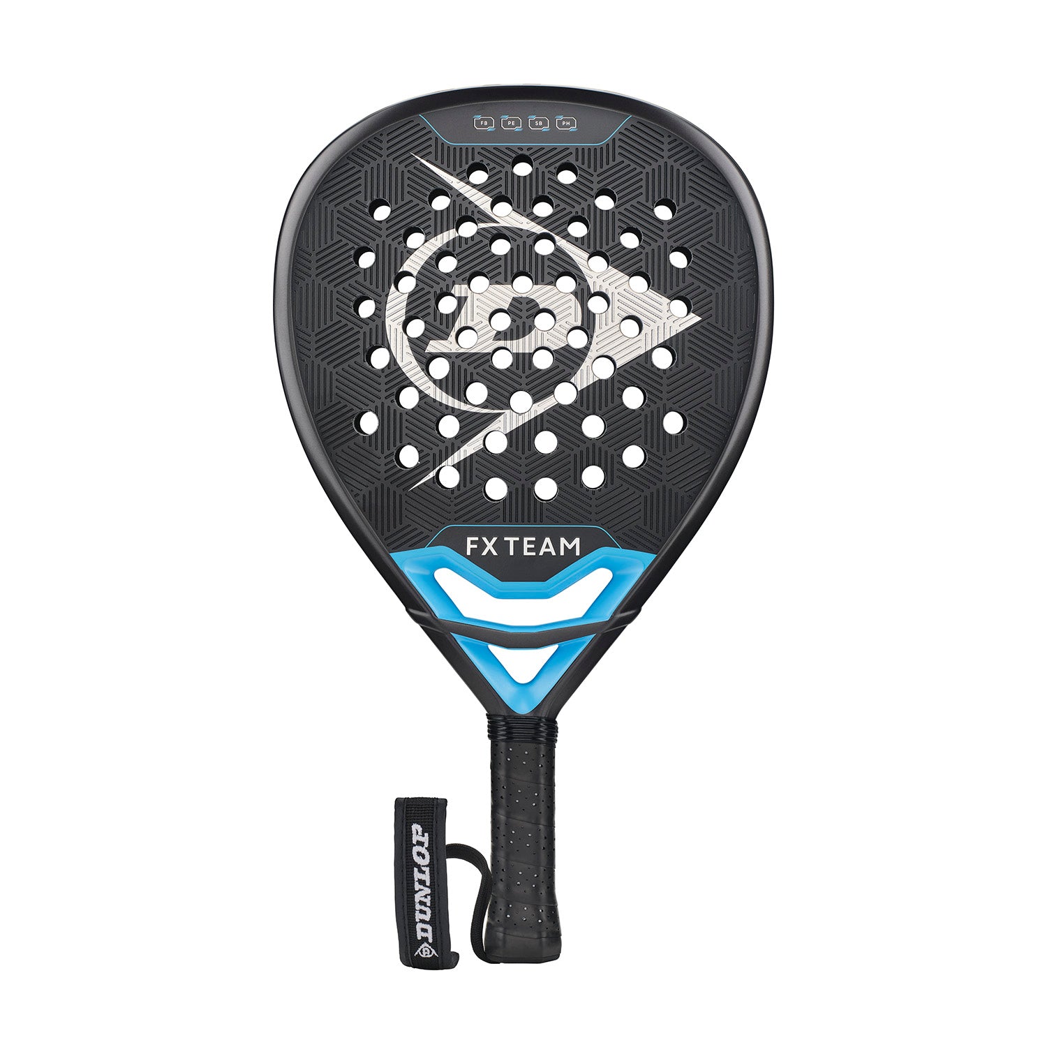 Black and blue padel racket with perforated face and wrist strap, FX Team model.