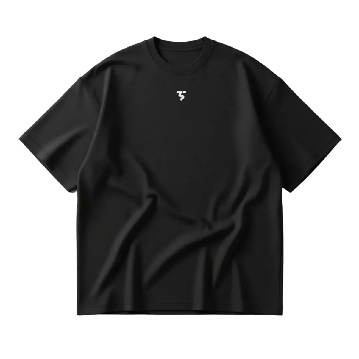 Black t-shirt with a small white logo on a light gray background