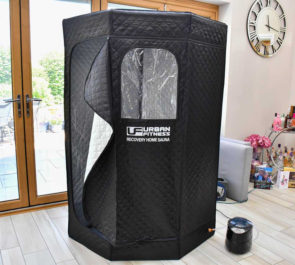 Urban Fitness Recovery Home Sauna setup indoors with control unit, Bassline Retail