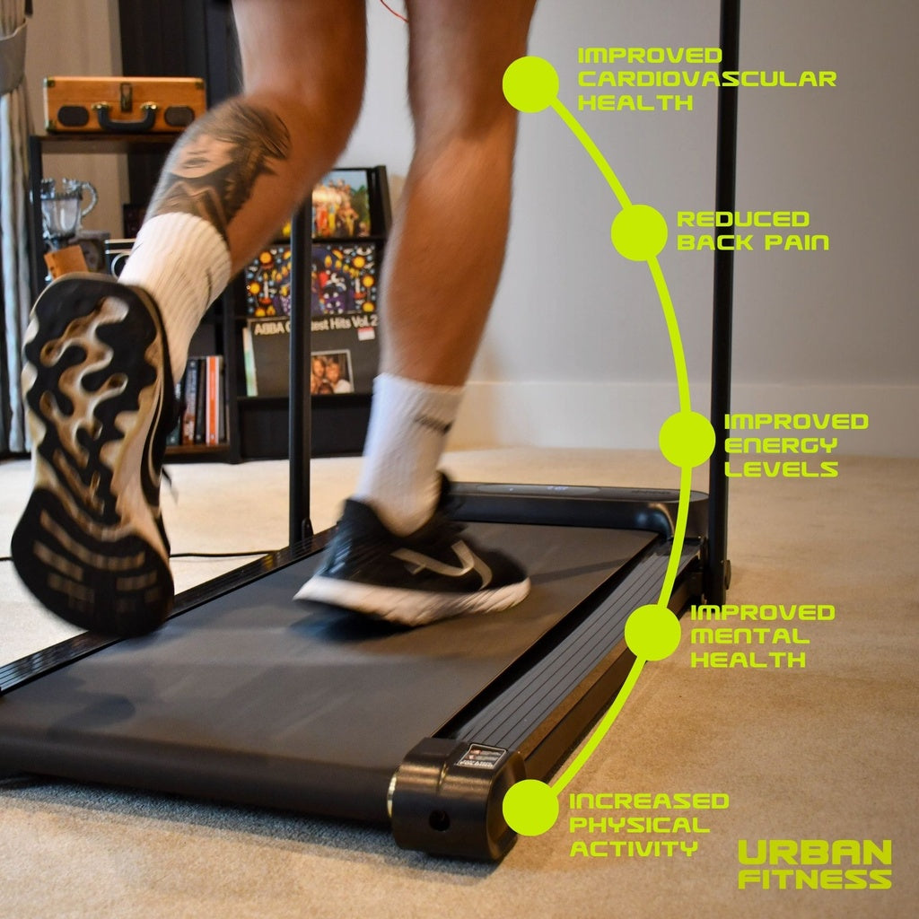 Person walking on Urban Fitness treadmill indoors, health benefits text highlighted, Bassline Retail