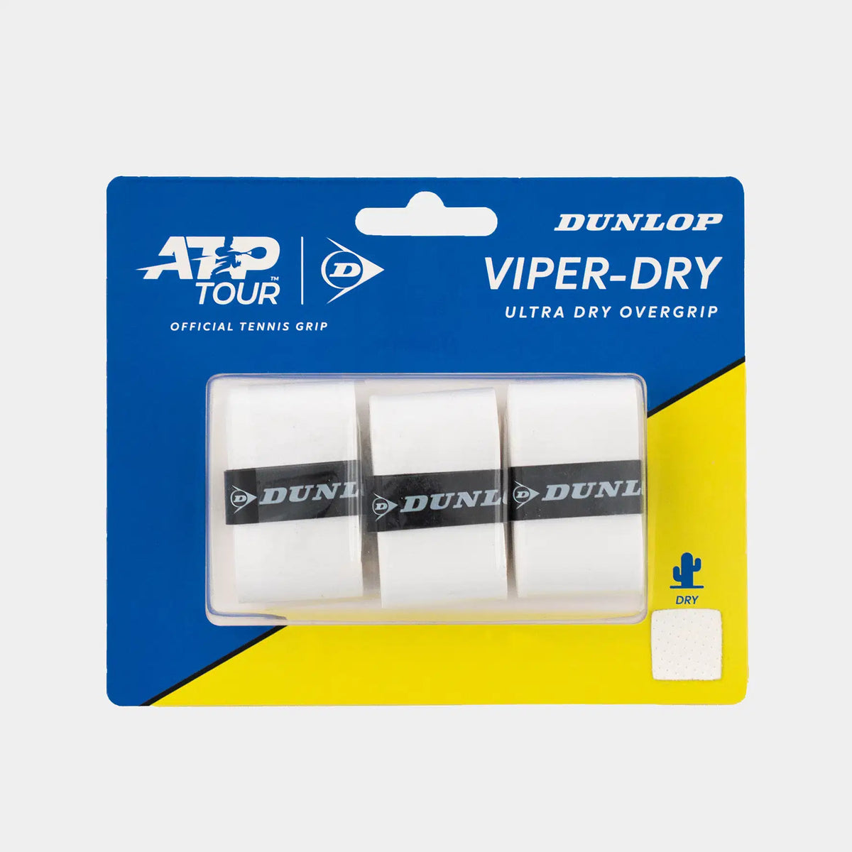 Three white Dunlop Viper-Dry ultra dry tennis overgrips in a blue and yellow pack.