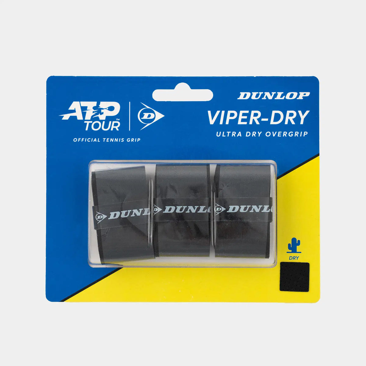 Dunlop Viper-Dry ultra dry tennis overgrips in blue and yellow packaging