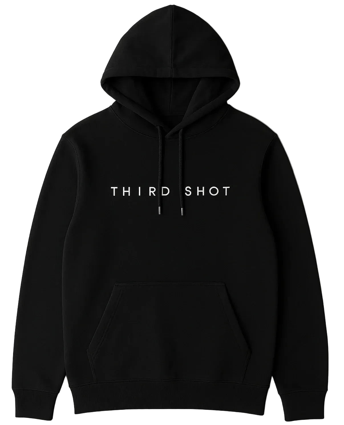Black hoodie with 'THIRD SHOT' text on a light gray background