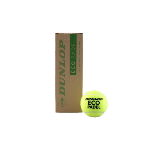 Dunlop Eco Padel ball next to its cardboard packaging