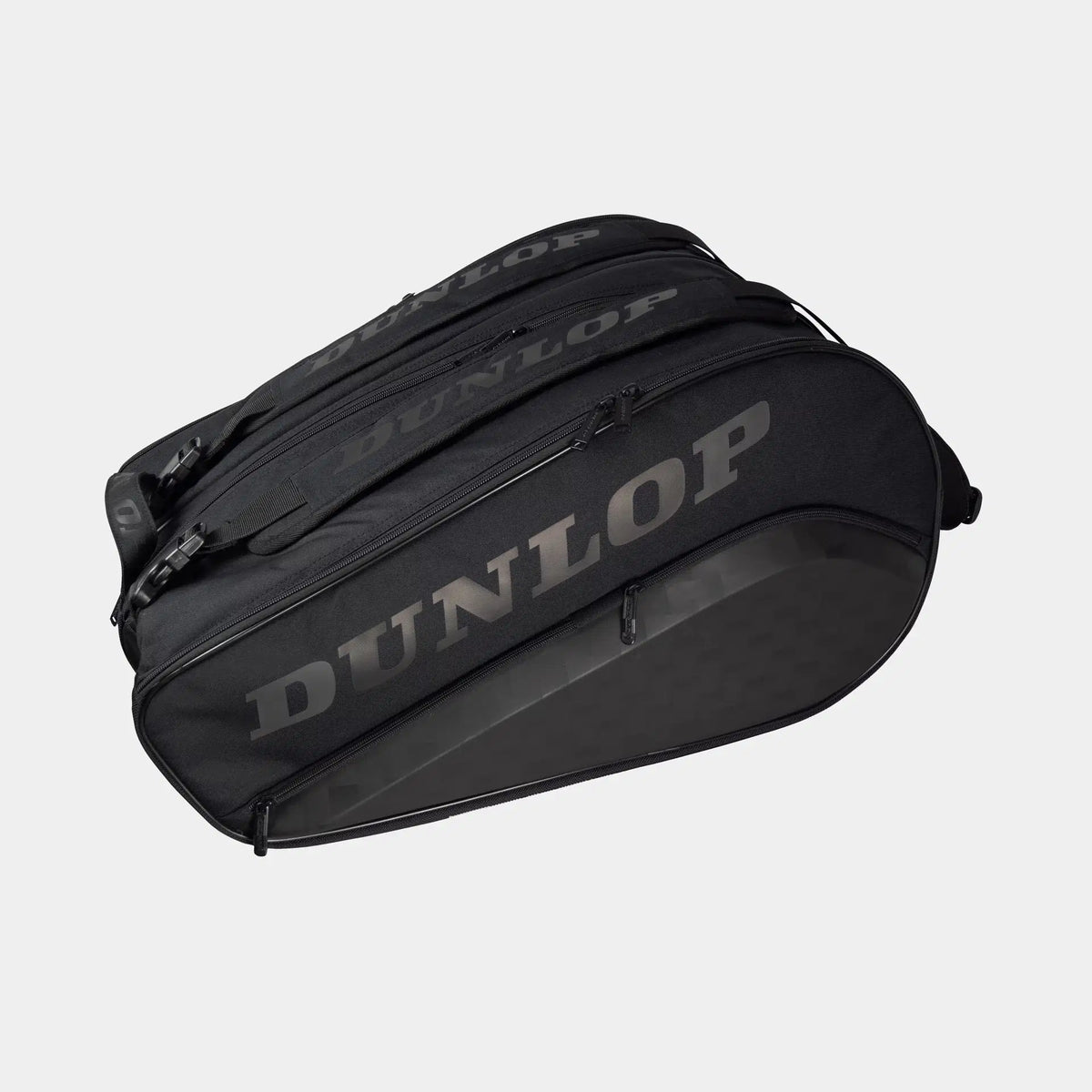 Black Dunlop tennis bag with multiple compartments and logo branding