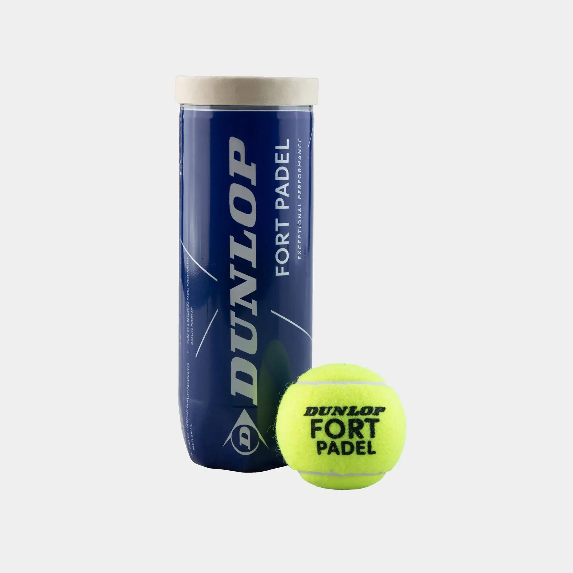 Dunlop Fort Padel balls in a blue canister with one yellow ball in front