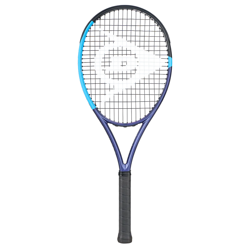Purple and blue tennis racket with black grip, ideal for tennis, squash, or padel