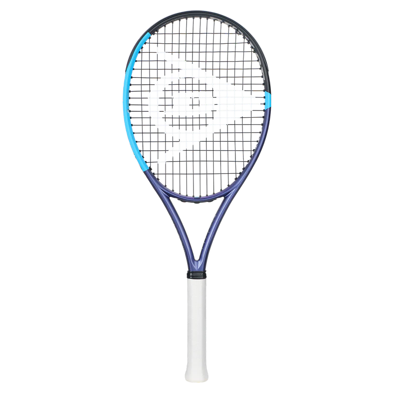 Tennis racket with blue accents and white logo on strings against a black background