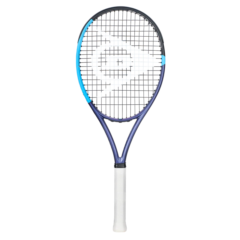 Blue and white tennis racket with graphic logo on the strings against a black background