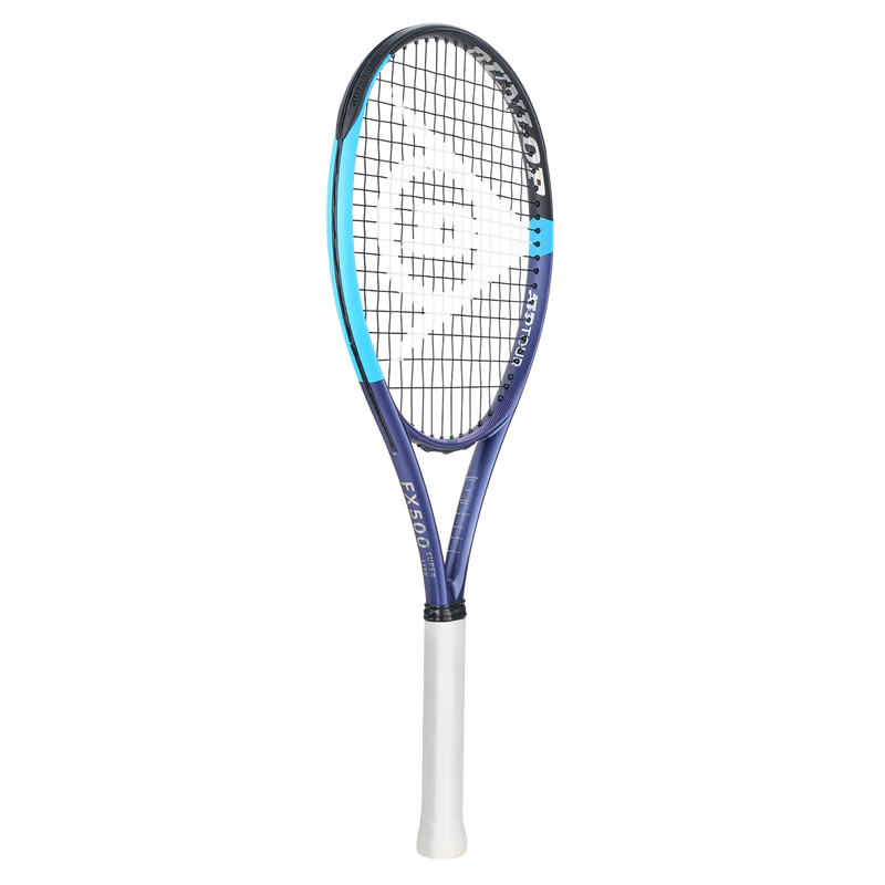 Blue and white Artengo FX 500 tennis racket against a black background
