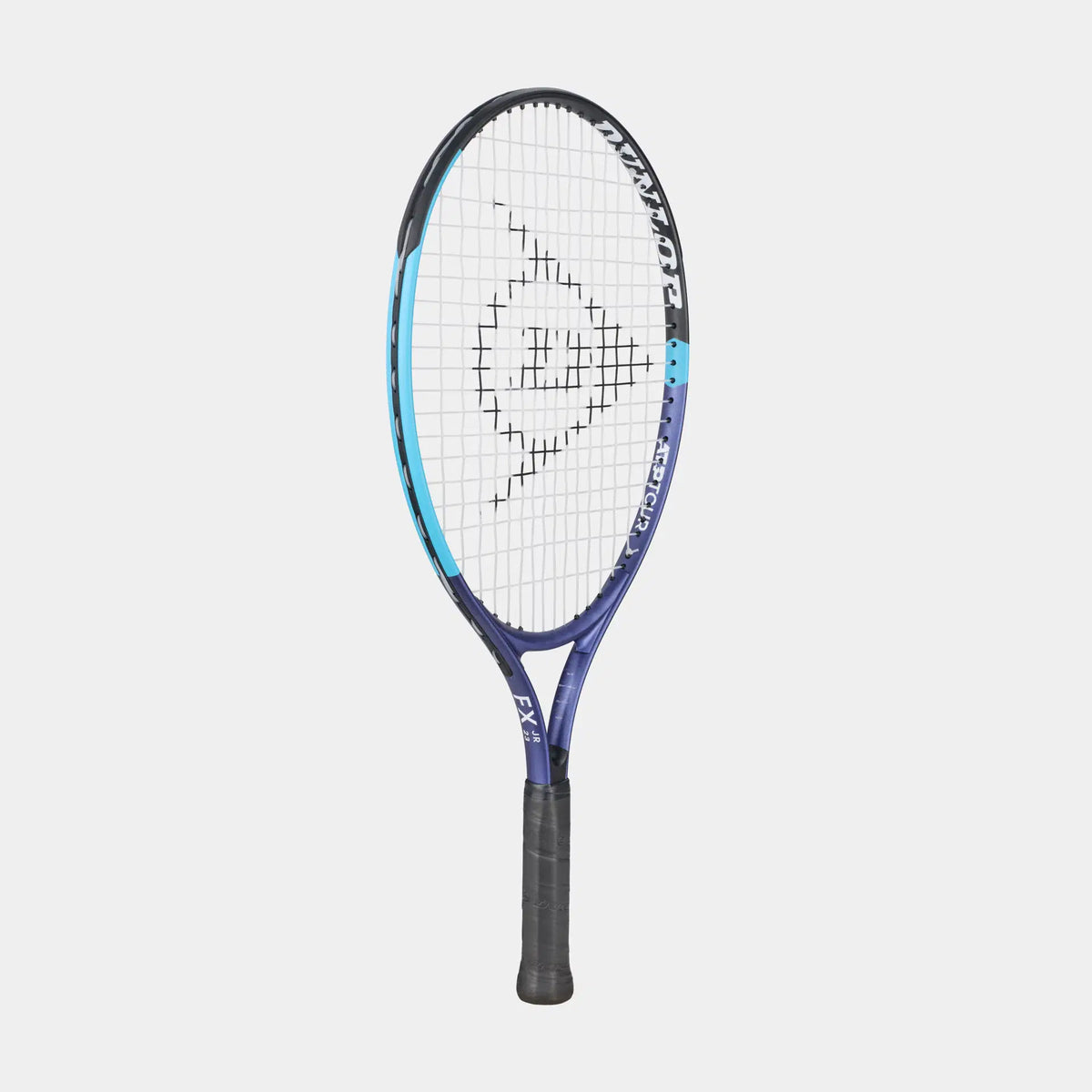 Dunlop FX 2.0 tennis racket with blue and purple accents on a light grey background