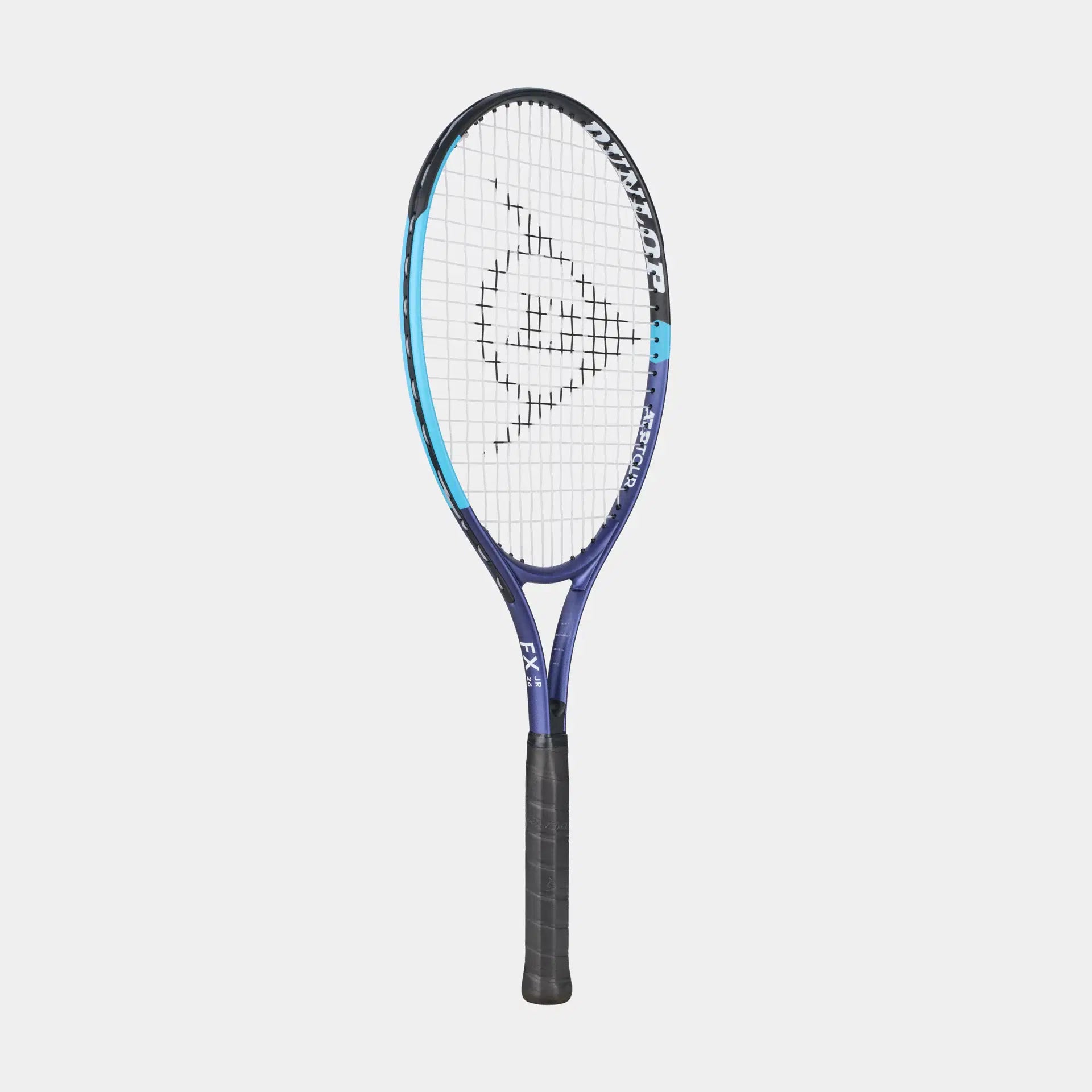 Blue and purple Dunlop FX tennis racket isolated on a light grey background