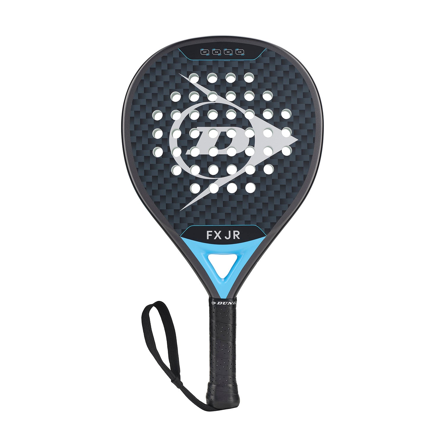 Dunlop FX JR padel racket with black and grey design and blue accents
