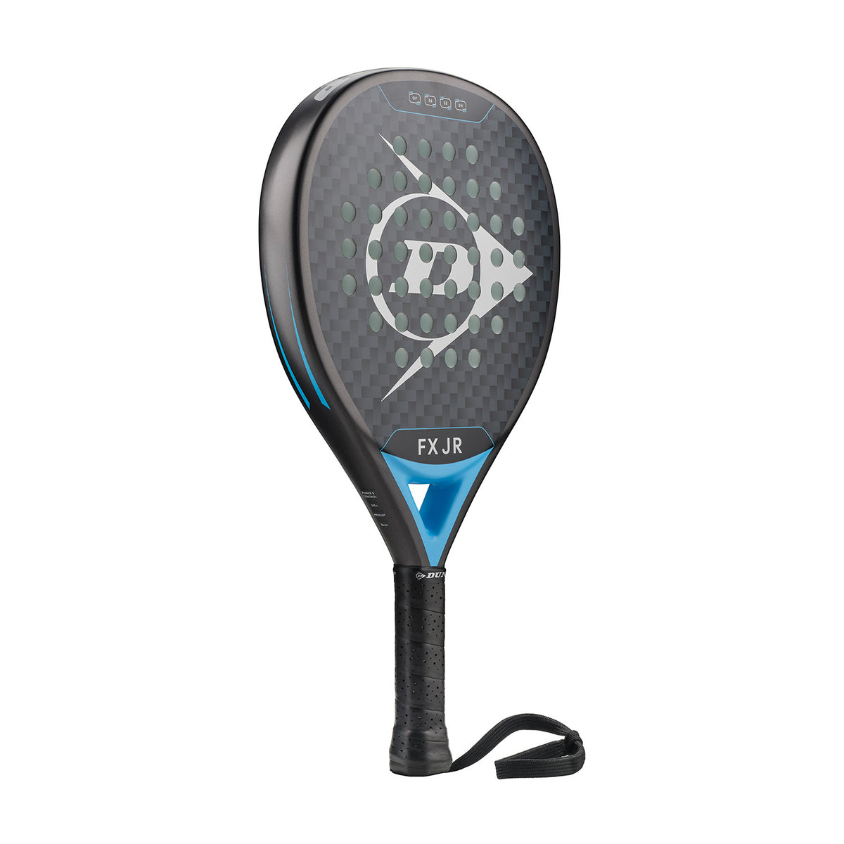 Black and blue FX JR padel racket with a carbon fiber face and logo