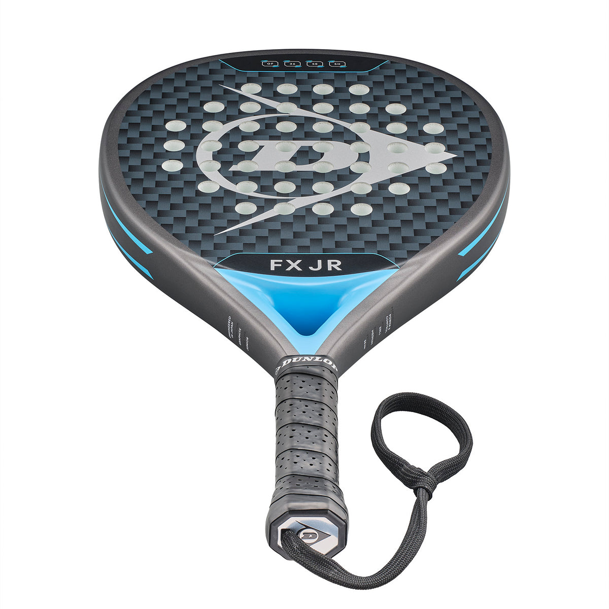 Dunlop FX JR padel racket with blue accents and carbon fiber face