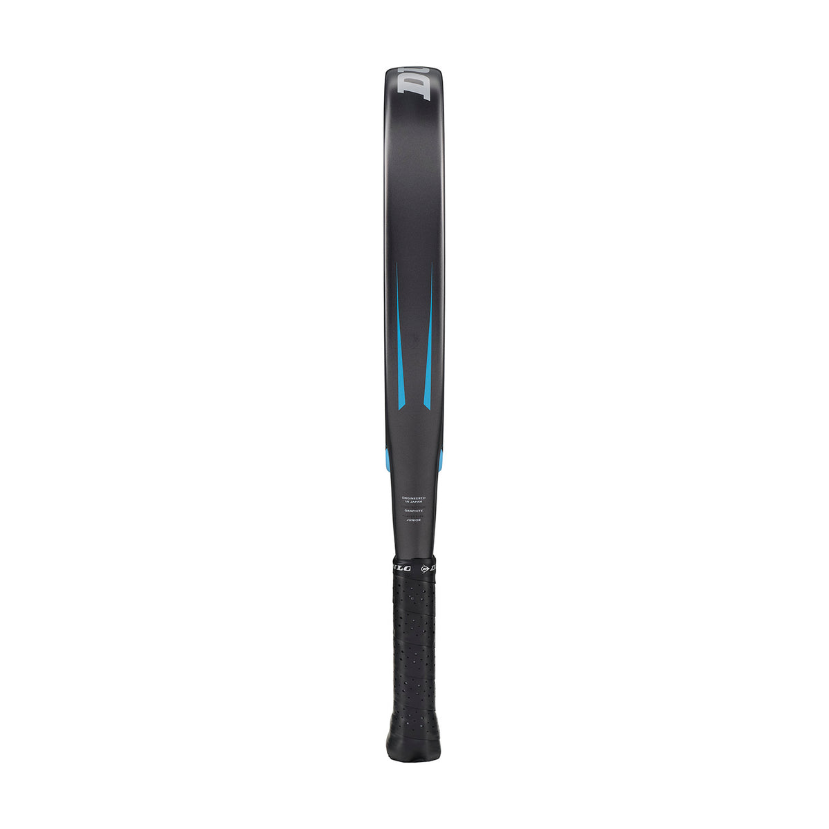 Black and blue professional squash racket with a textured grip.