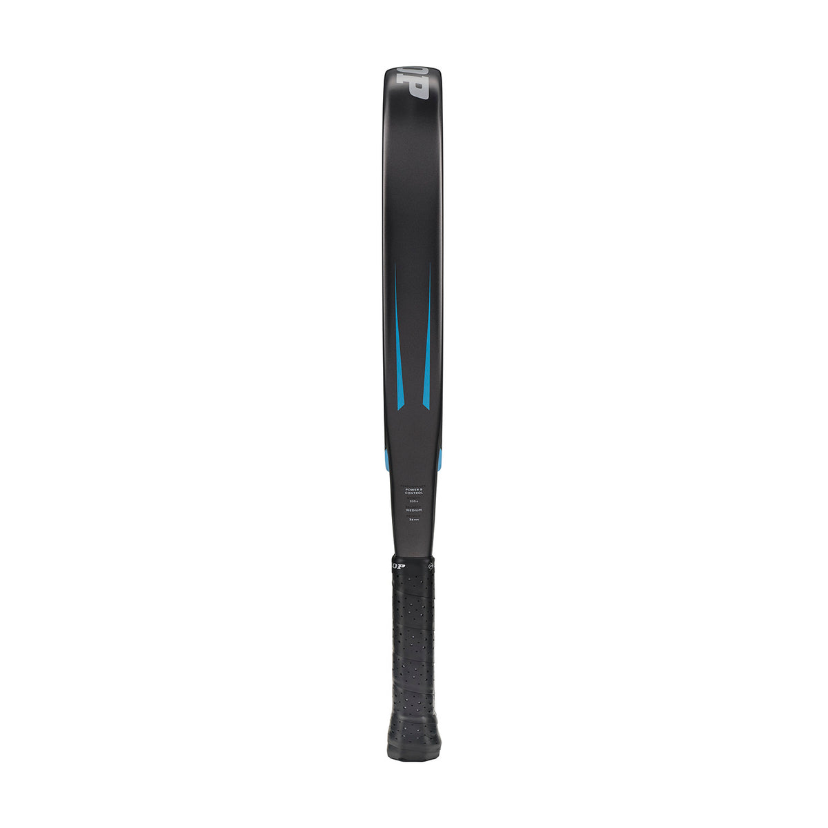 Black squash racket with blue accents and a textured grip