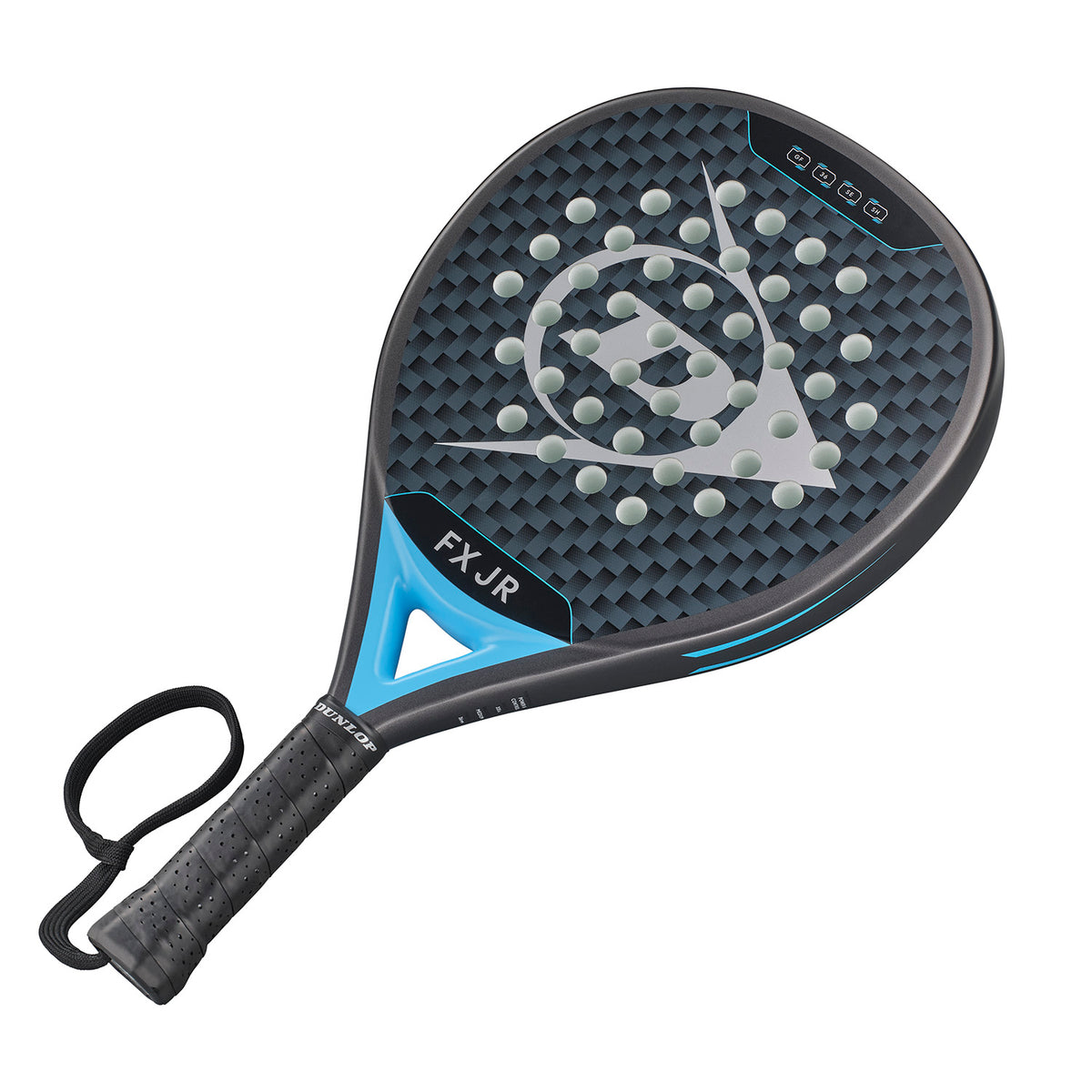 Dunlop FX JR padel racket with blue accents and perforated black face