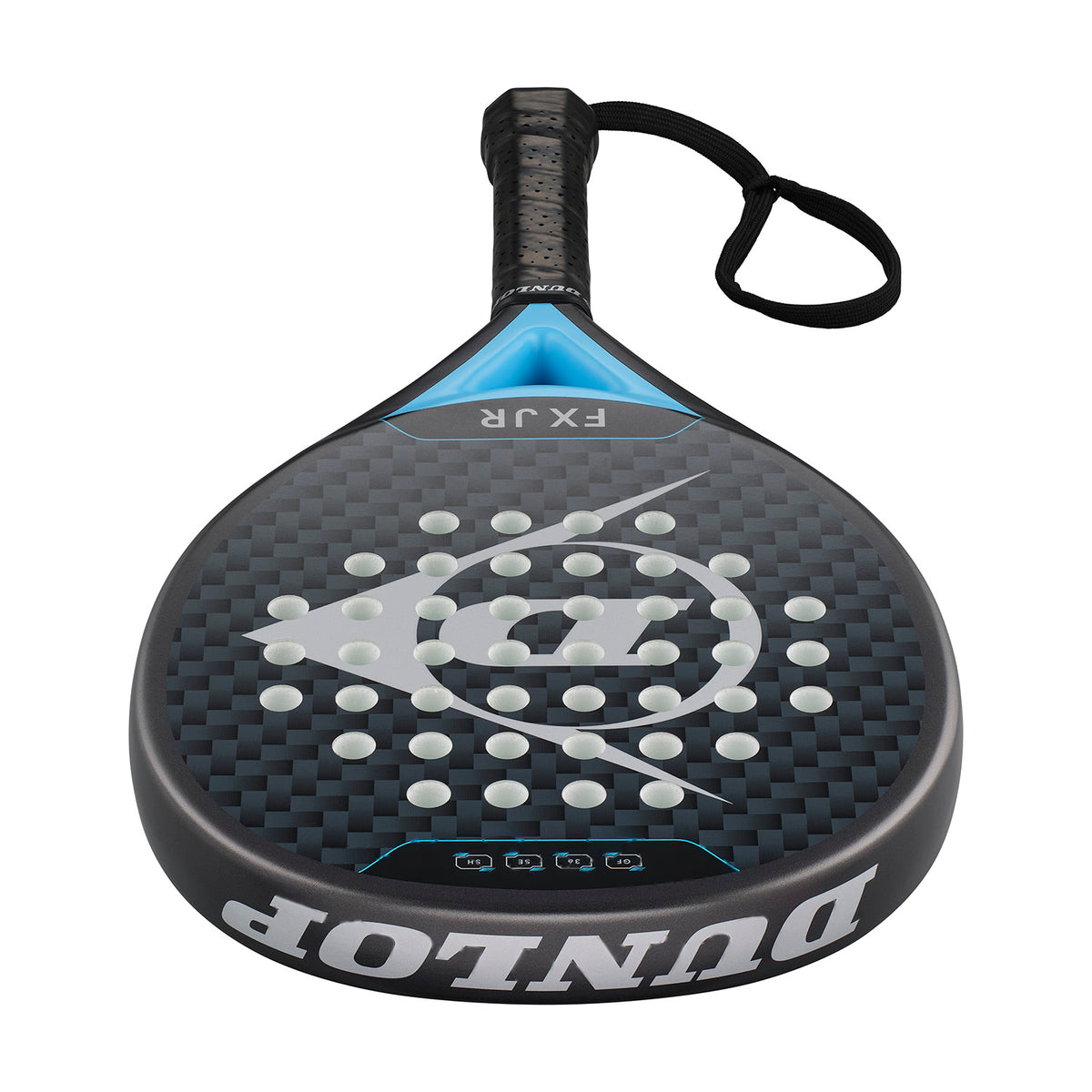 Dunlop FXJR padel racket with carbon fiber pattern and blue accents
