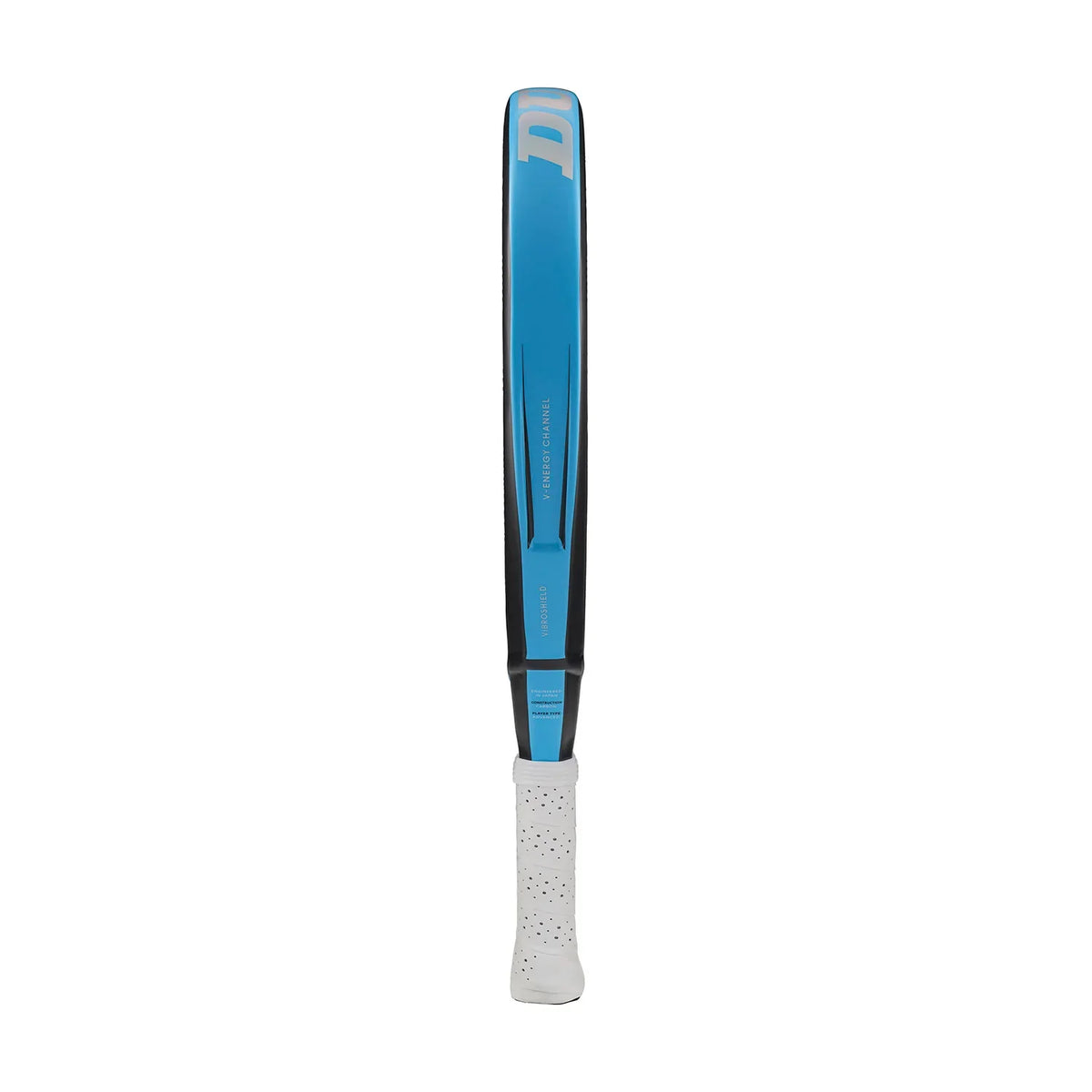 Close-up side view of a blue tennis racket with perforated white grip handle