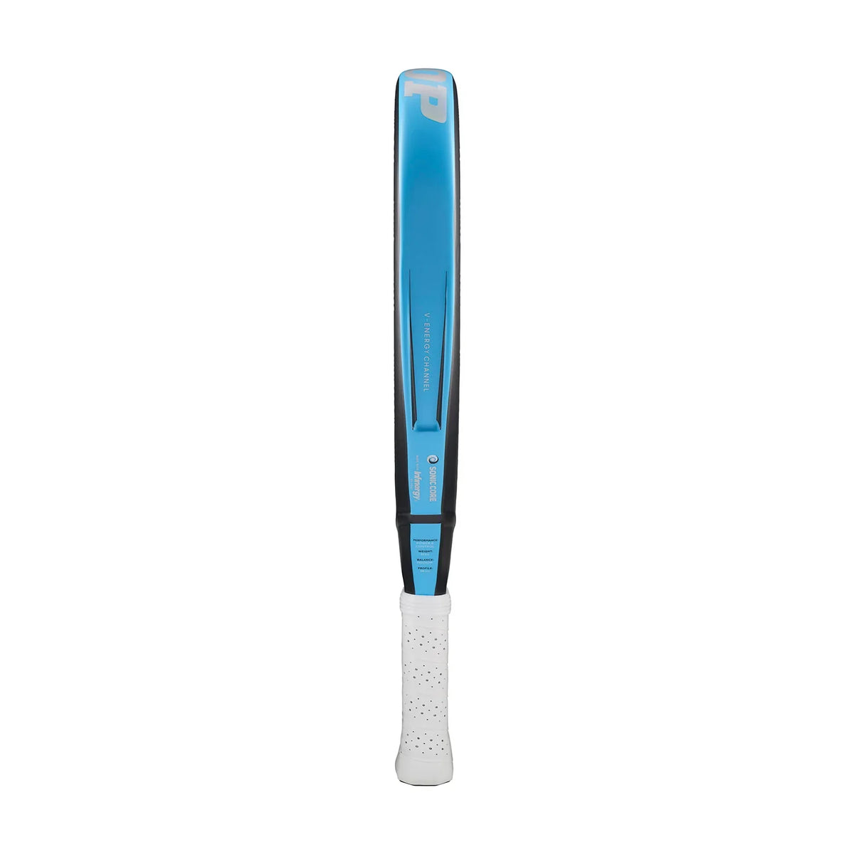 Close-up of blue tennis racket frame with white perforated grip, isolated on white
