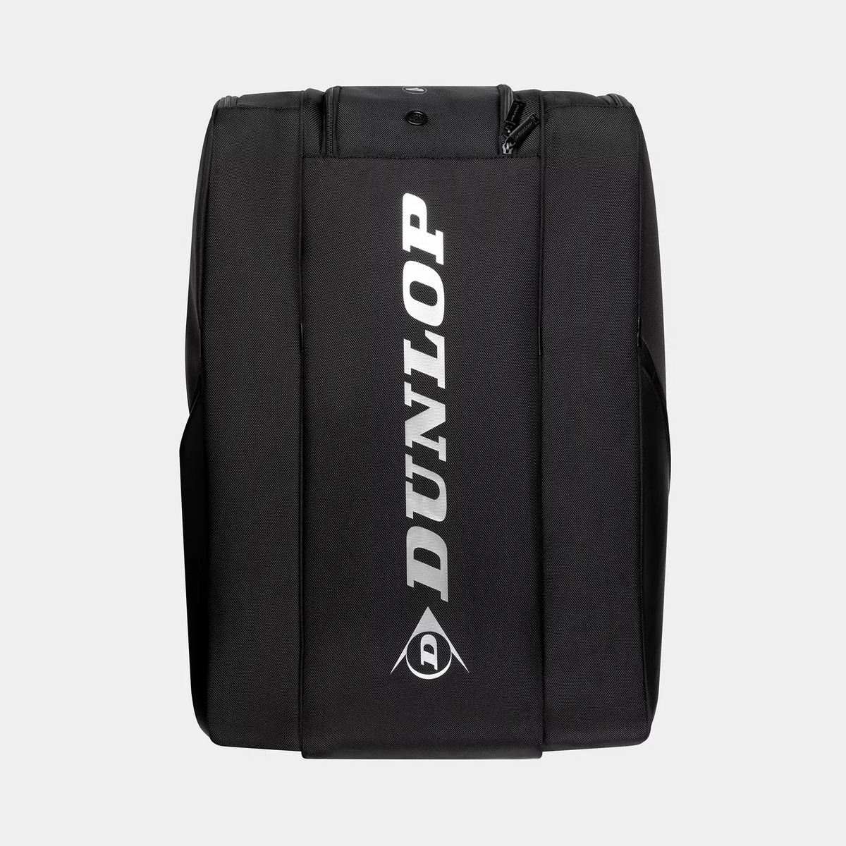 Black Dunlop tennis racket bag with white vertical logo on a plain background.