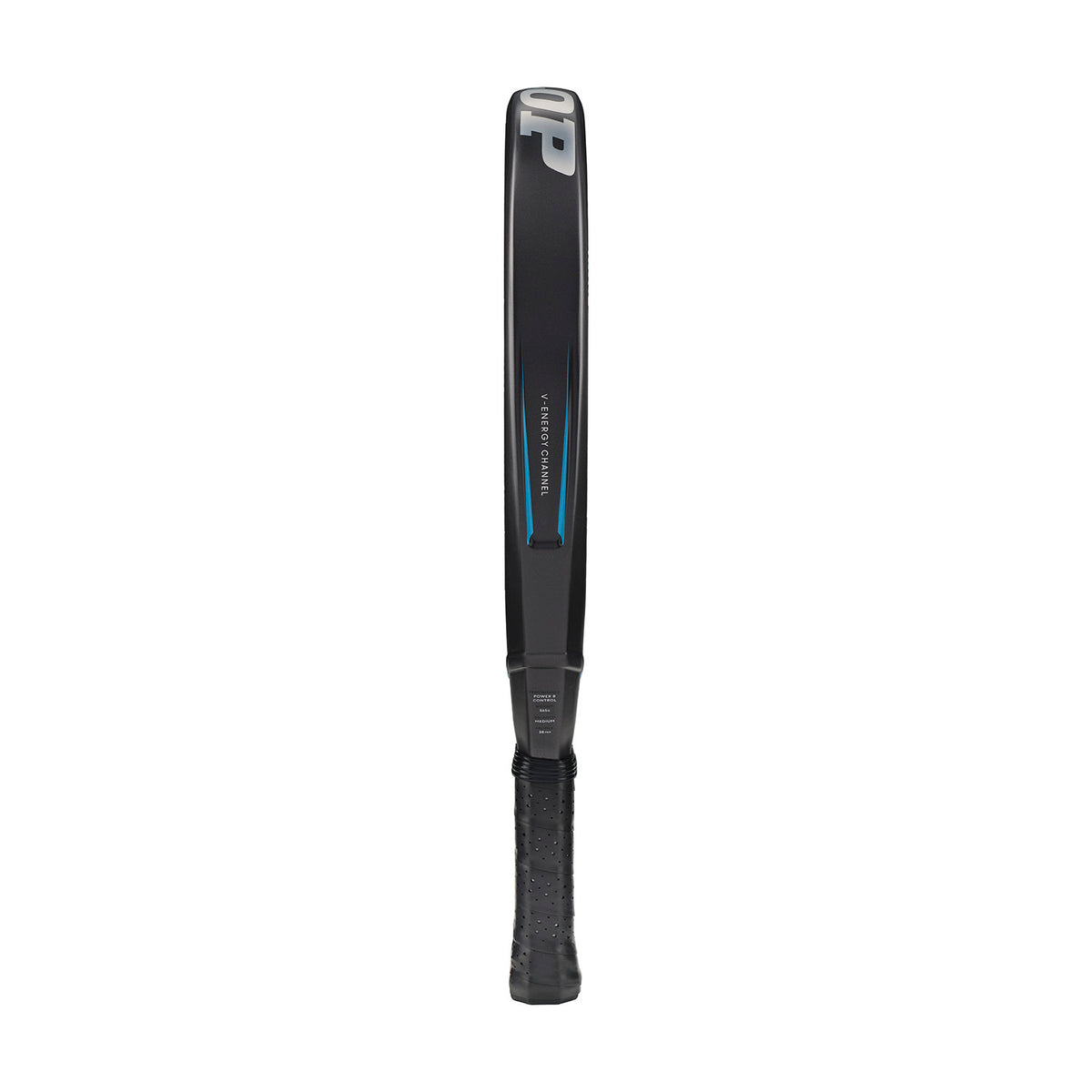 Close-up side view of a black tennis racket with blue accent and textured grip
