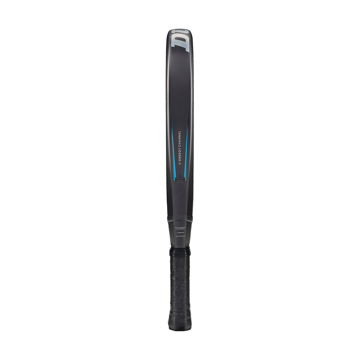 Close-up side view of a black and blue tennis racket with textured grip