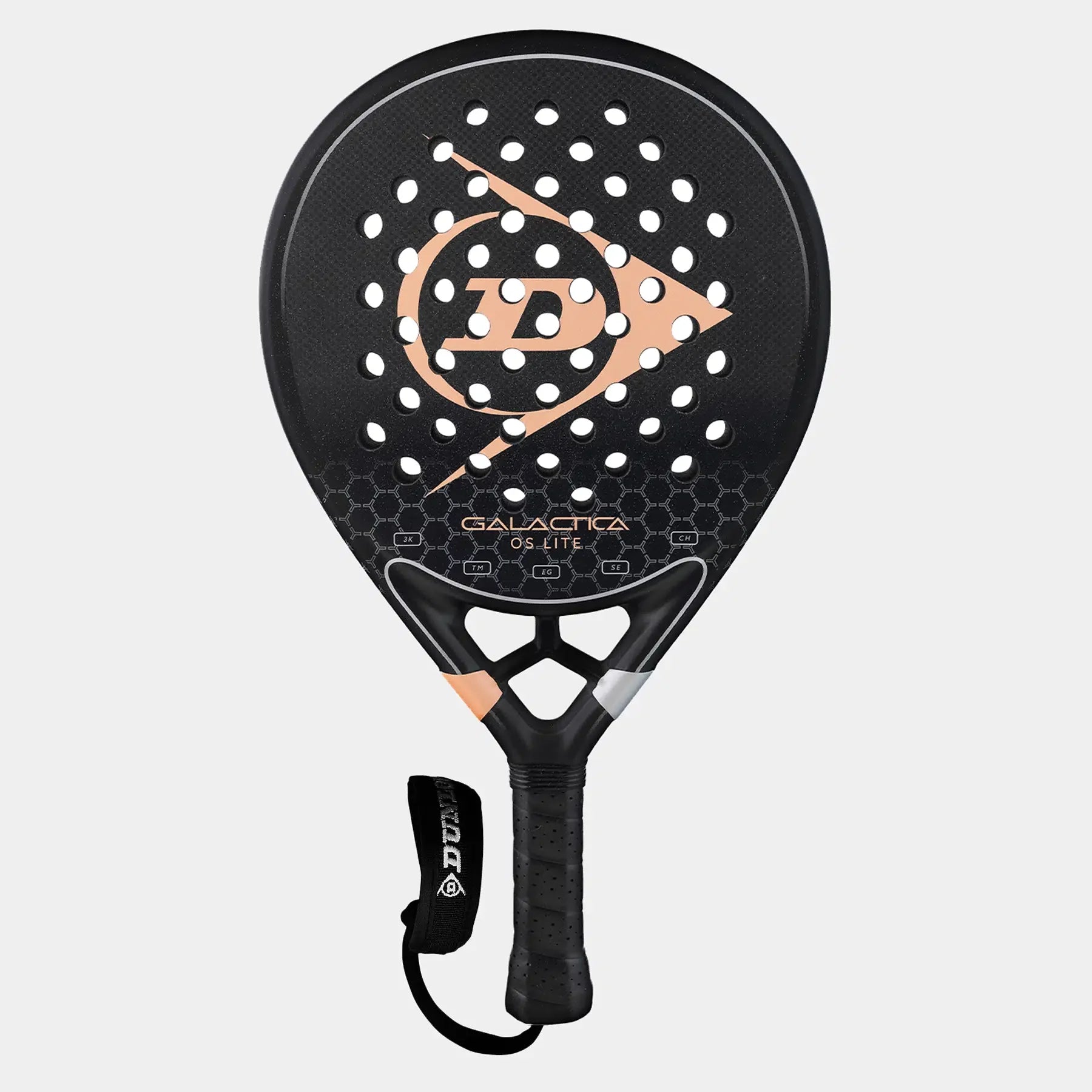 Black Galactica OS Lite padel racket with rose gold logo and perforated face