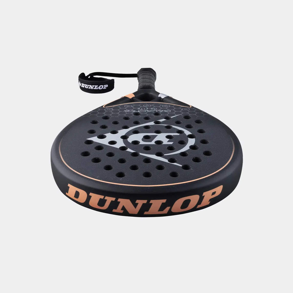 Black and rose gold Dunlop padel racket with perforated face and wrist strap