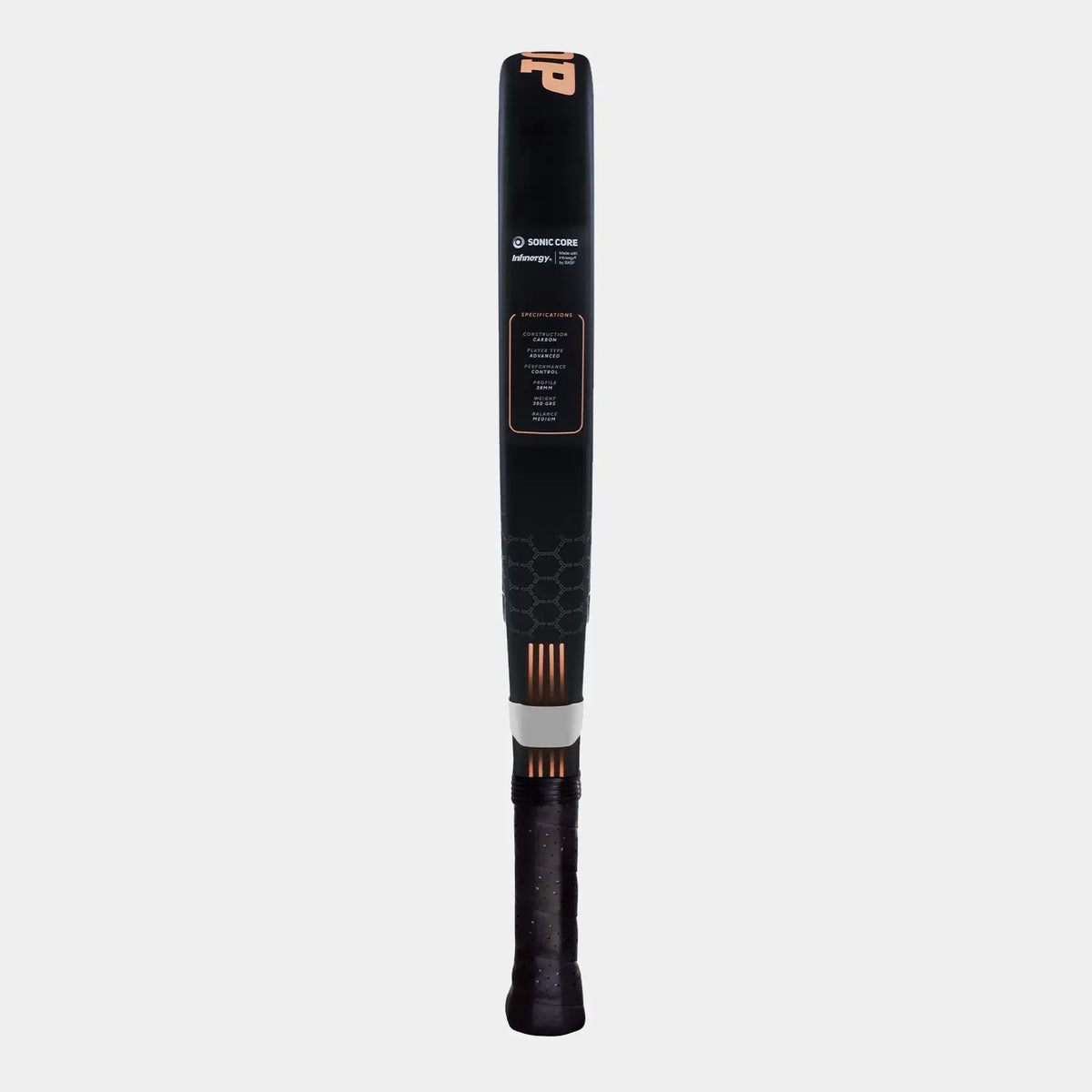 Black and orange Sonic Core squash racket frame with technical specifications