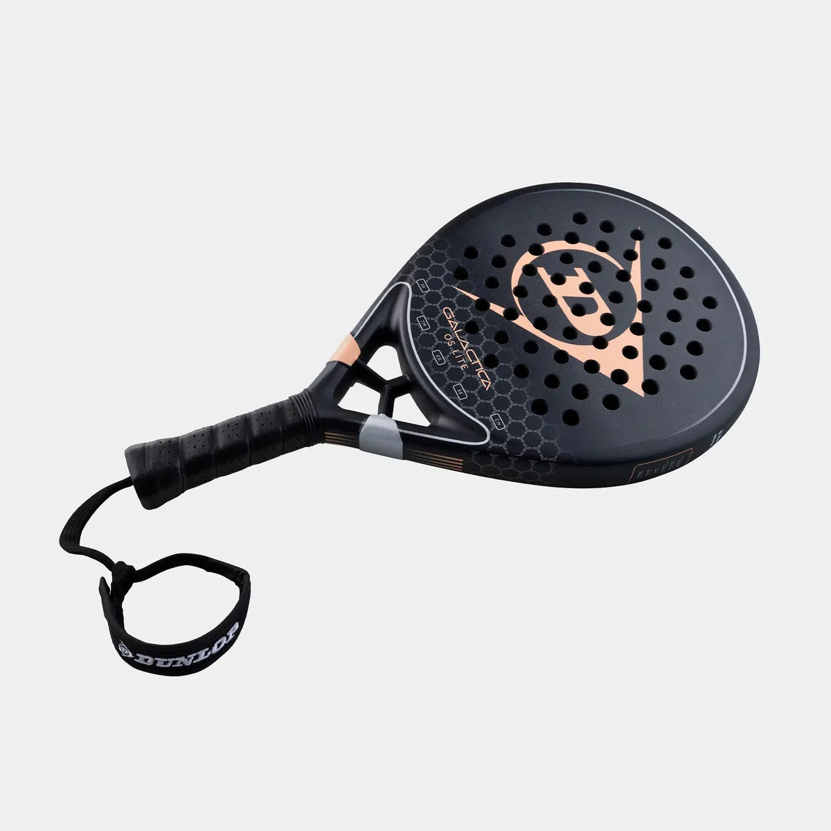 Black Dunlop Galactica Lite padel racket with rose gold accents on a grey background