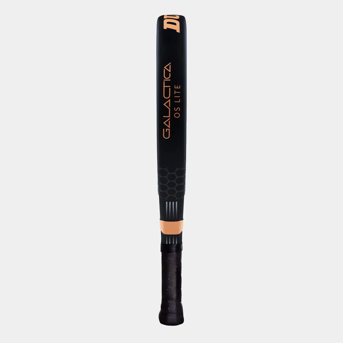 Black Galactica OS Lite pickleball paddle with orange accents on a white background
