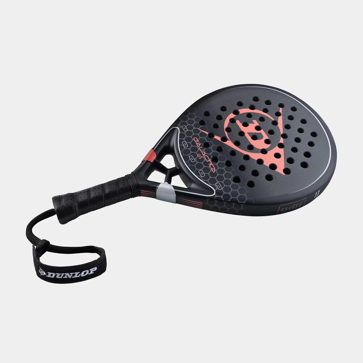 Black and red Dunlop padel racket with a perforated hitting surface and wrist strap.