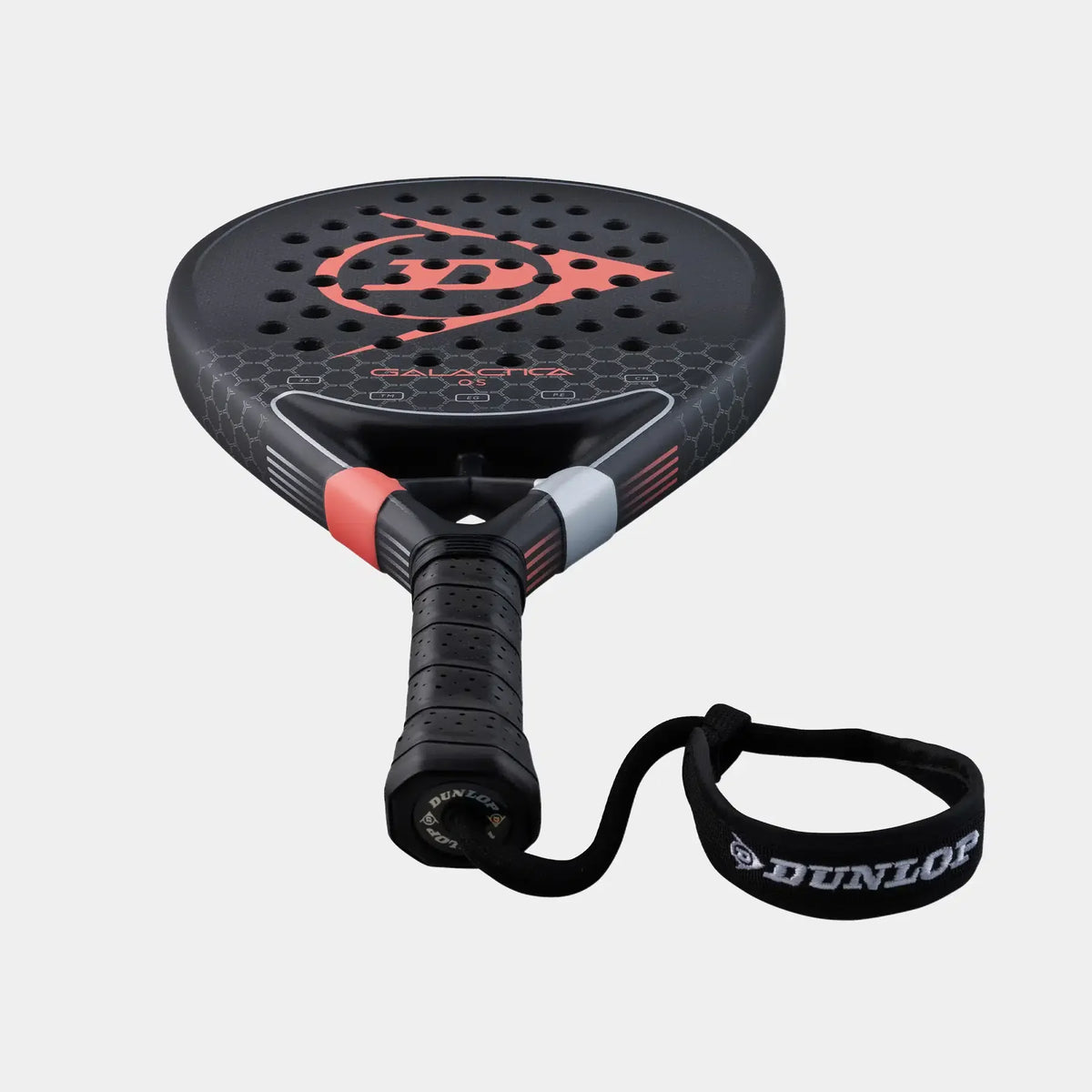 Black Dunlop Galactica padel racket with red accents and wrist strap