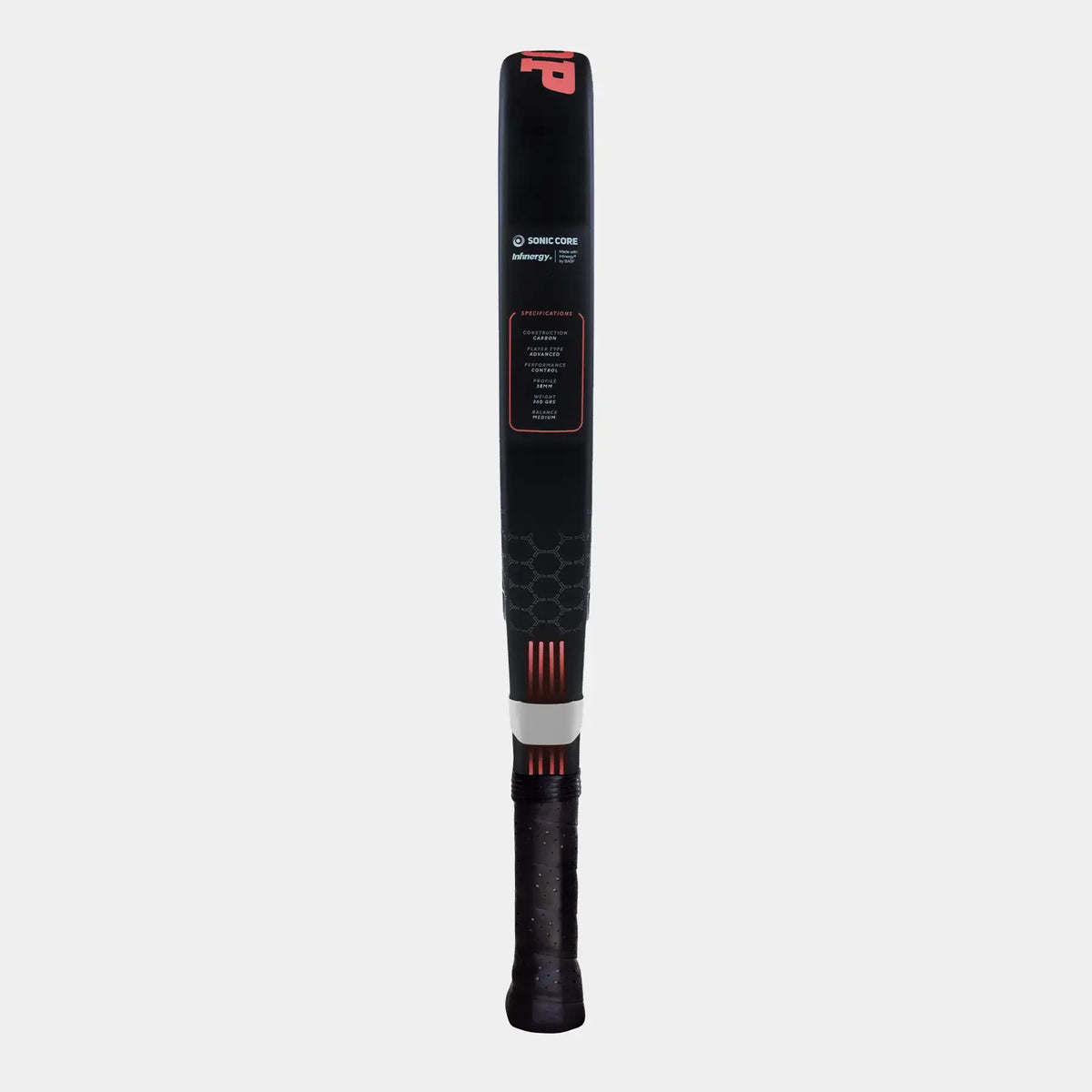 Black and red Sonic Core squash racket with carbon construction and grip.