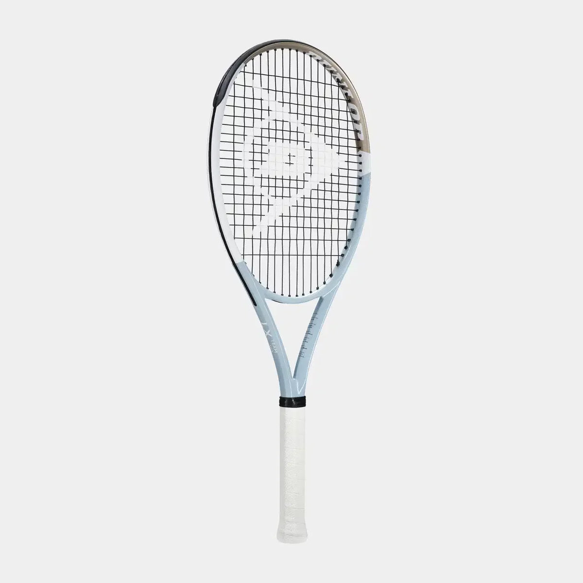 Light blue and white tennis racket isolated on a grey background
