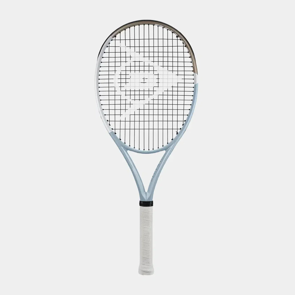 Light blue tennis racket with white strings and white grip on a plain gray background